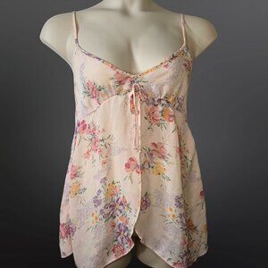 Vintage 80s Pink Floral Babydoll Lingerie Top Camisole Size L Split Front Fairy